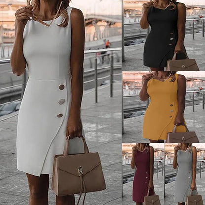White Elegant Ladies Short Suspender Dress With Round Neck And Sexy Slim Fit Hip Hugging Skirt Pure Ribbon Button Mini Dress New