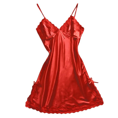 Women Red Satin Sexy Babydolls Bowknot Lace V Neck Sling Lingerie Sexy Nightwear Lightweight Ladies Home Clothed Erotic Pajamas