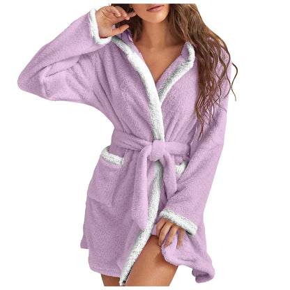 Women Coral Fleece Bathrobe Autumn And Winter Home Warm Sleepwear Casual Solid Color Matching Shower Robes Hooded Kimono Robe