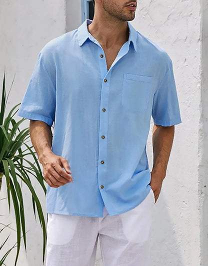 Men's Plus Size Short Sleeve Shirts Cotton Linen Henley Shirts Lightweight Vacation Collar Beach Shirts  Hawaiian T Shirt