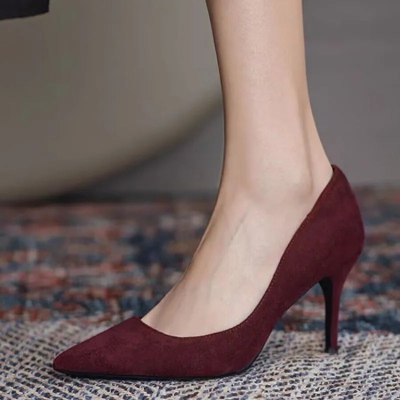 Pointy Suede High Heels Spring New Style Pointy Shallow Mouth Set Foot Anti-slip Wear-resistant Fine Heel Shoes