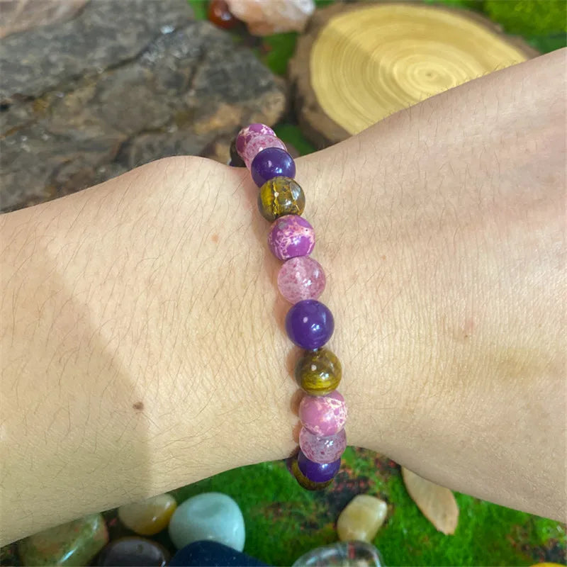 Bohemian style calm mind bracelet made of tiger eye stone and rose quartz stretch bracelet unisex jewelry, ideal gift