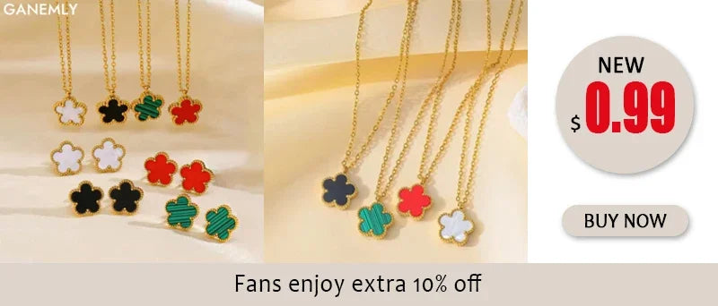 Stainless Steel White Plum Blossom Plant Leaf Flower Set Reversible Necklace Earrings Bracelet Women Clover Jewelry