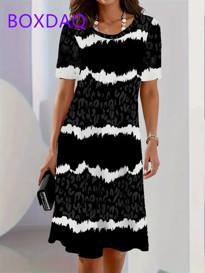 Geometric Stripe Printing Dress For Women Summer Sundress Loose Casual Short Sleeve O-Neck A-Line Dress Women Beach Mini Dresses