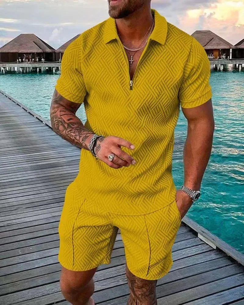 New 2024 Men's Polo Suit Fashion Men Sets Solid Summer V-neck Zipper Short Sleeve POLO Shirt+Shorts Two Pieces Men Casual Suit