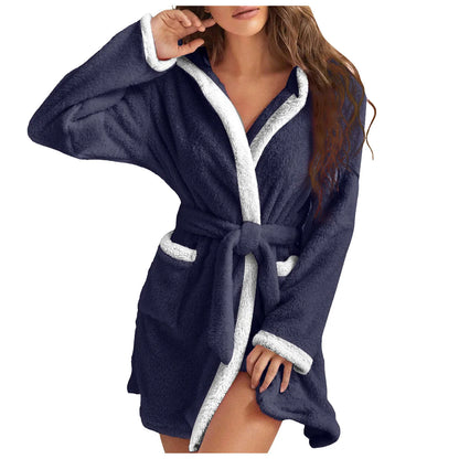Women Coral Fleece Bathrobe Autumn And Winter Home Warm Sleepwear Casual Solid Color Matching Shower Robes Hooded Kimono Robe