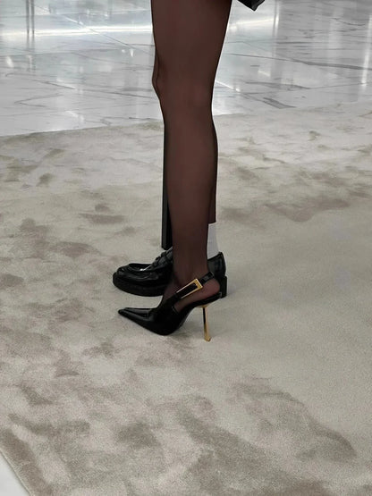 Patent leather high heels Women 2024 new gold with one-line sandals pointy skinny heels party women's shoes