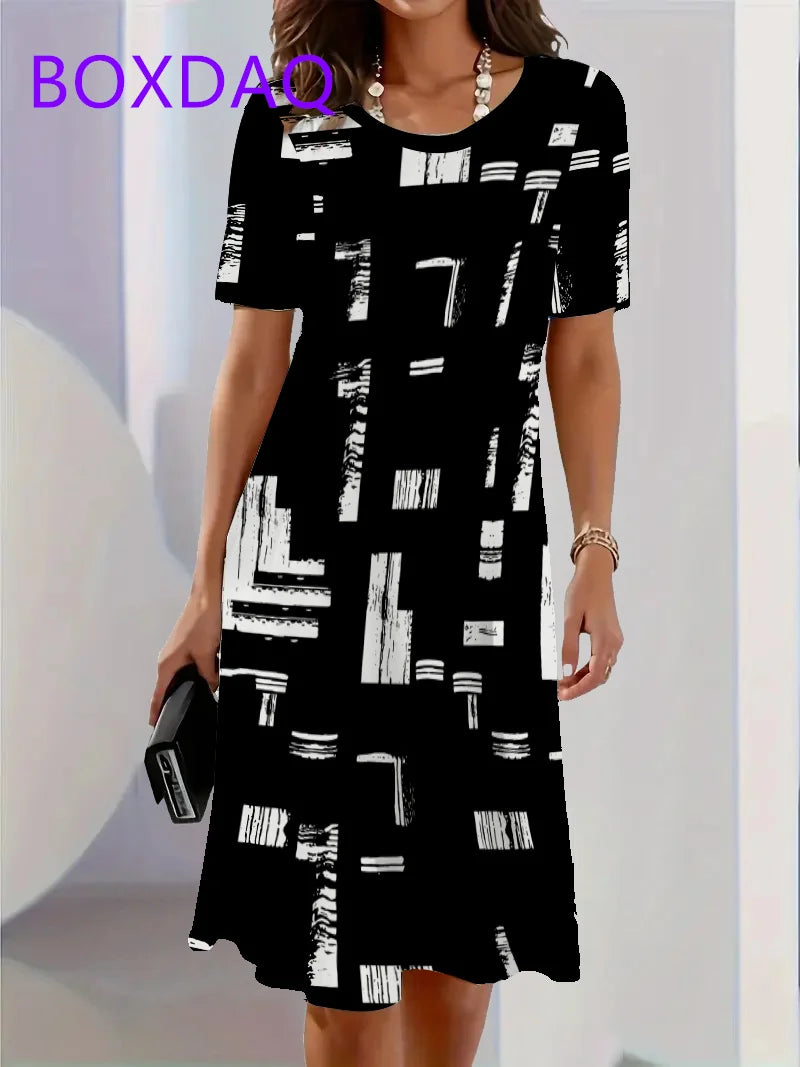 Geometric Stripe Printing Dress For Women Summer Sundress Loose Casual Short Sleeve O-Neck A-Line Dress Women Beach Mini Dresses