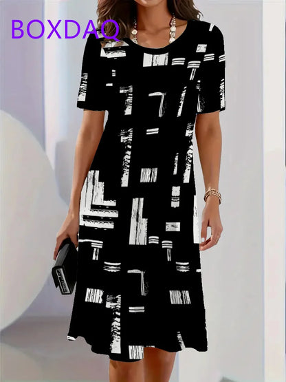 Geometric Stripe Printing Dress For Women Summer Sundress Loose Casual Short Sleeve O-Neck A-Line Dress Women Beach Mini Dresses