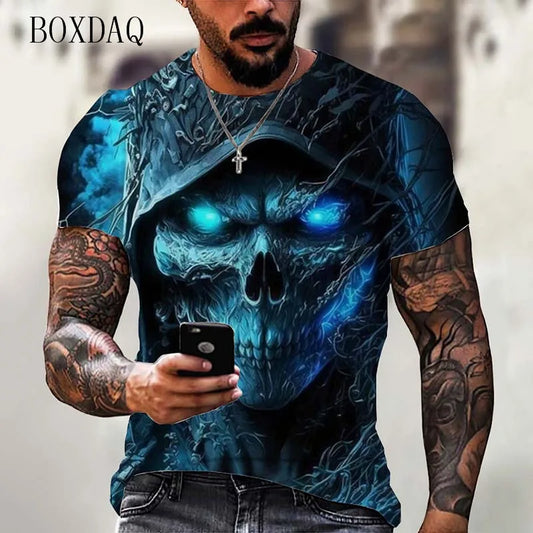 Fashion Trend Skull Pattern Men's T-Shirts 6XL Plus Size Short Sleeve Street Gothic Horror Skeleton Male Tops O-Neck Casual Tee