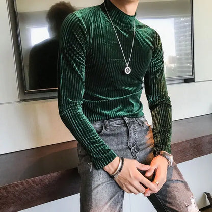 Fashion Men's Autumn Winter Luxury Clothing Heat Keep Warm Casual T-Shirt Mock Neck Tops Stripe Long Sleeve Gold Velvet T-Shirts