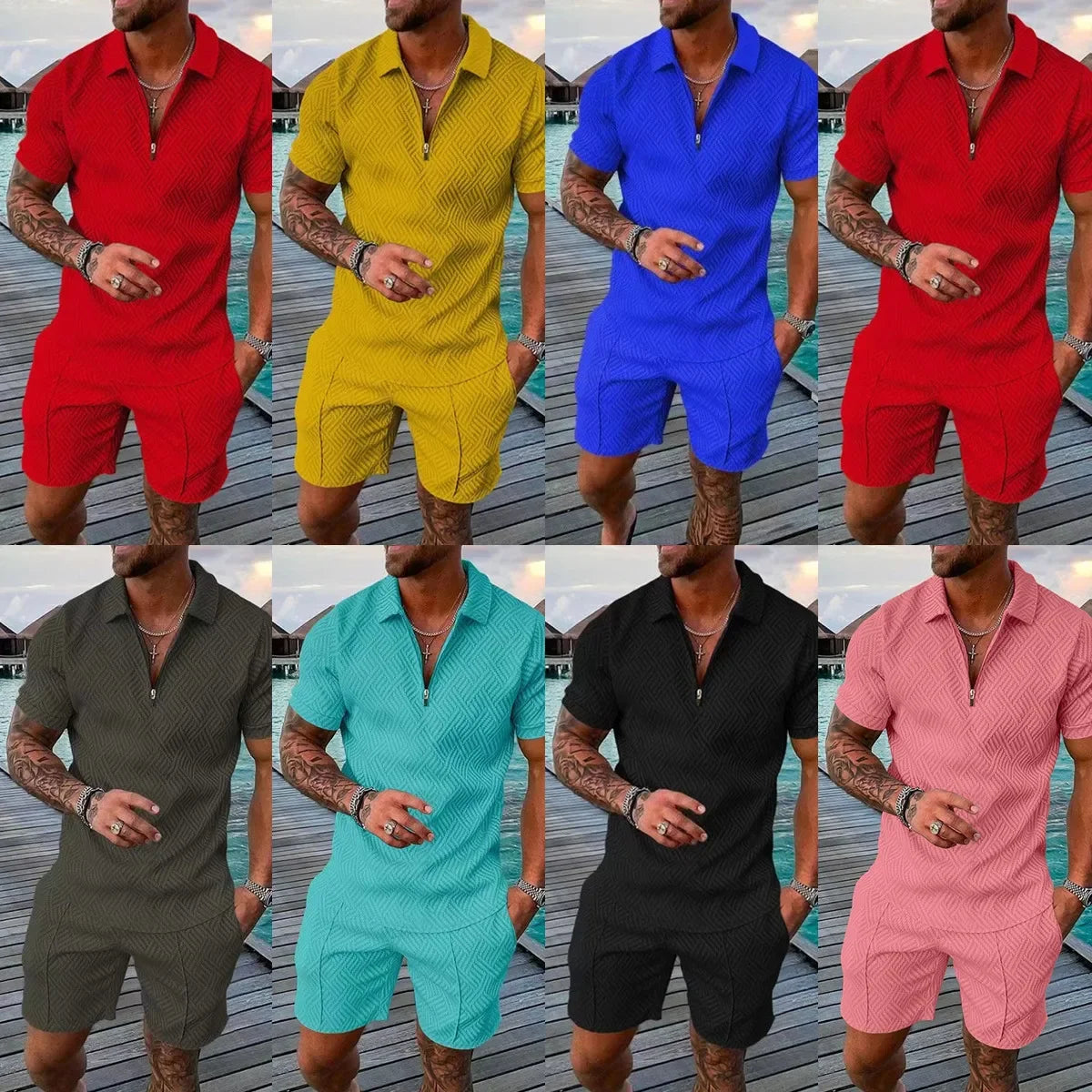New 2024 Men's Polo Suit Fashion Men Sets Solid Summer V-neck Zipper Short Sleeve POLO Shirt+Shorts Two Pieces Men Casual Suit