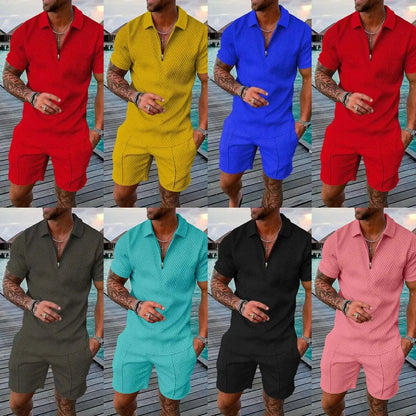 New 2024 Men's Polo Suit Fashion Men Sets Solid Summer V-neck Zipper Short Sleeve POLO Shirt+Shorts Two Pieces Men Casual Suit