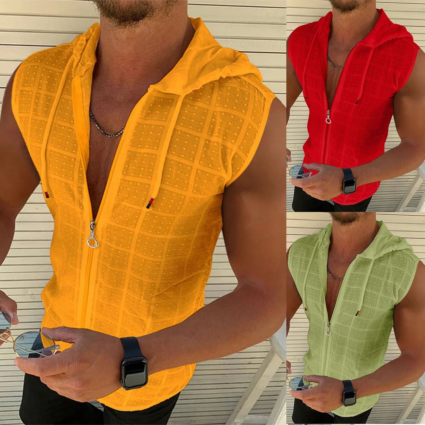 Sports Mesh Tank Top For Boys Mens Hooded Zipper Cardigan T Shirt Summer Fashion Plaid Sleeveless T Shirt Mens 한국인 리뷰 많은 옷 여름