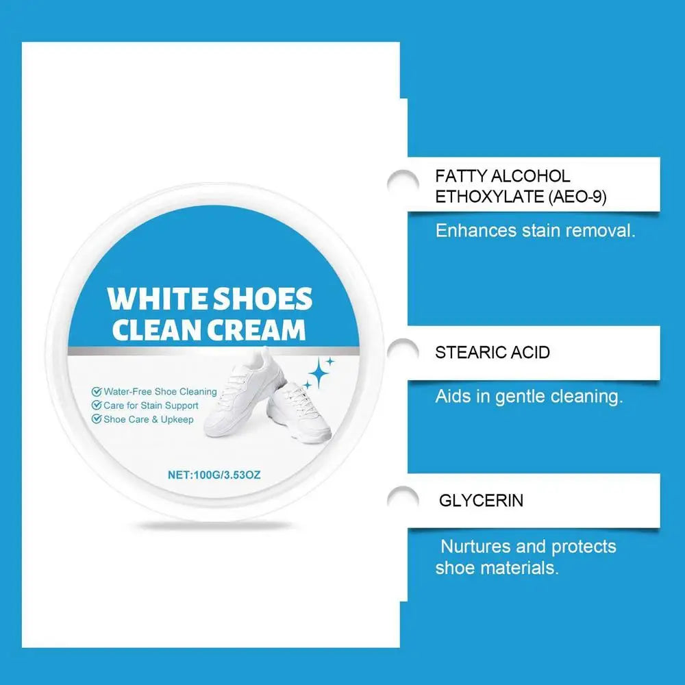 100g White Shoe Cleaner Cream Anti-Yellowing Stain Remover with Sponge Leather Mesh Rubber Canvas Cleaning Kit for Boots Shoes