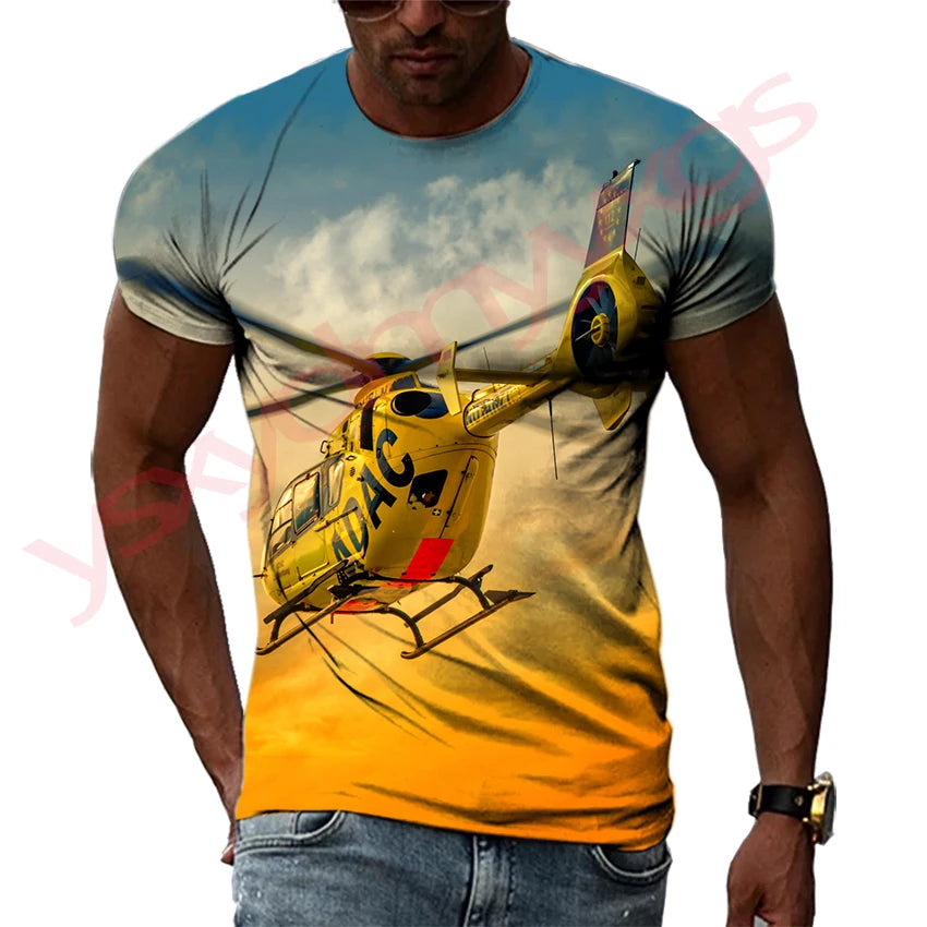 Summer Helicopter Pattern  Men's T-shirt Hip Hop 3D Print Personality   Neck Short Sleeve  Fashion Clothes