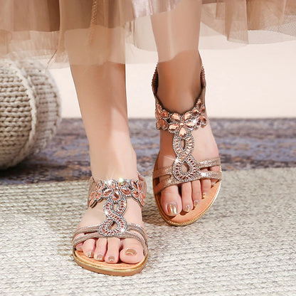 Women Flat Shoes Summer Luxury Designer Rhinestone Sandals Diamond Elegant Glitter Beach Sandals Black Silver Gold Sandals