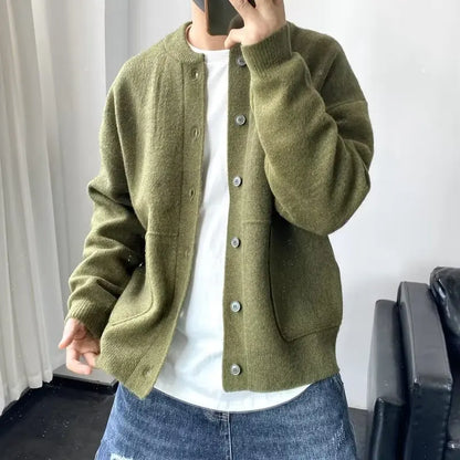 Knitted Cardigan Men Single Breasted Sweaters Long Sleeve O Neck Jumpers Solid Button Loose Fit Casual 2025 Winter Outerwear