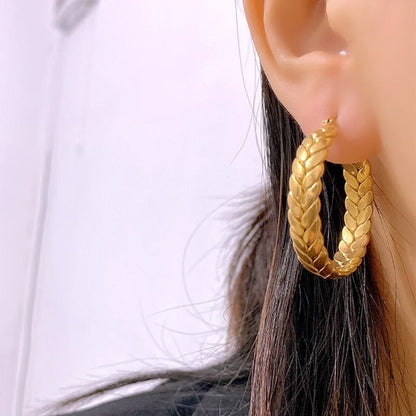 ANENJERY 316L Stainless Steel Gold Color Wheat Hoop Earrings for Women Luxtry Geometric Jewelry Festival Gift