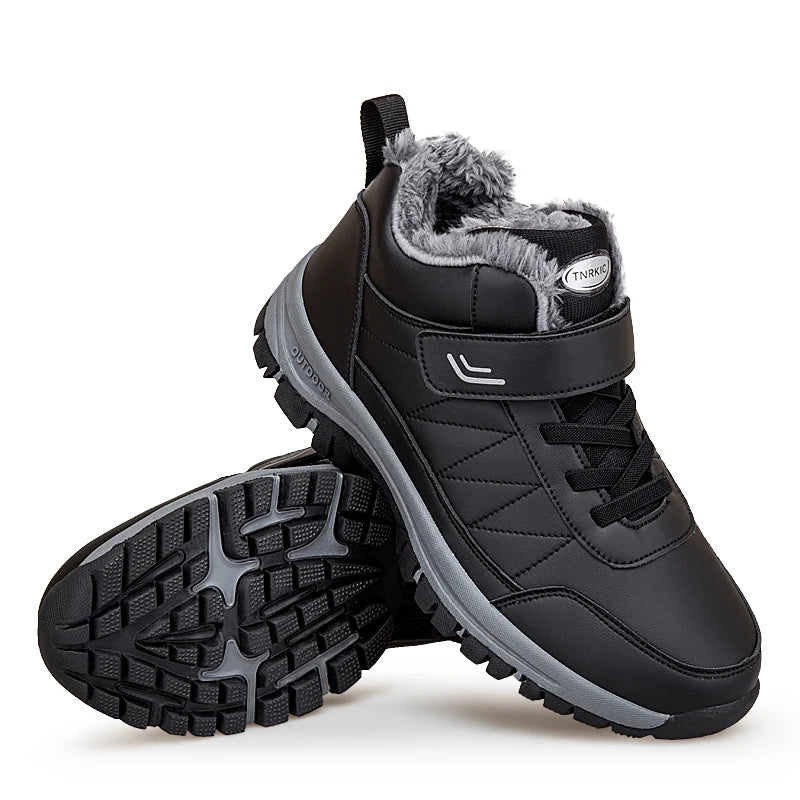 Winter Men Boots Leather Waterproof Outdoor Non-slip Hiking Shoes Unisex Men Women Warm Plush Ankle Boot Big Size 47 48