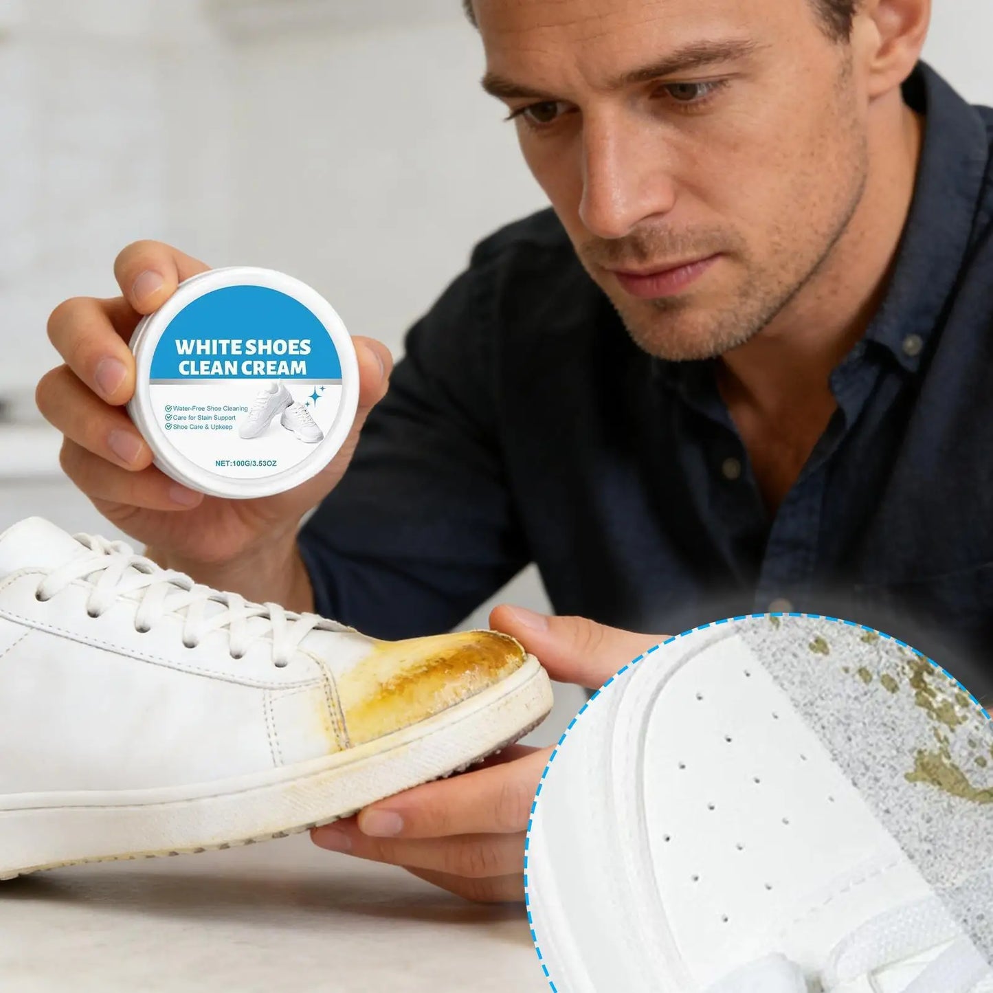 100g White Shoe Cleaner Cream Anti-Yellowing Stain Remover with Sponge Leather Mesh Rubber Canvas Cleaning Kit for Boots Shoes
