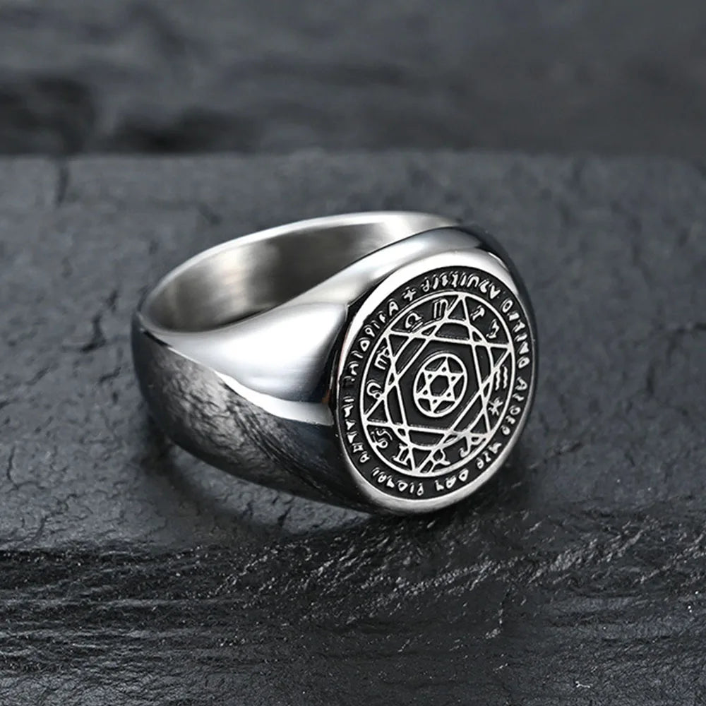 Pentagram of Solomon Rings for Men Patron Saint Ring Archangel Raphael Sigil Divine Healer Stainless Steel Male Jewelry