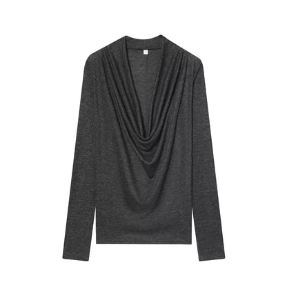 BSAY Knitted T-shirt Women Fashion Autumn Winter Tee Pullover Top Chic Female Long Sleeved draped neckline T-Shirts Mjuer