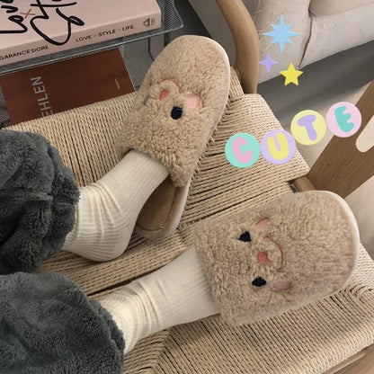Gacimy Winter Warm Cotton Slippers For Women Comfortable Cute Dog Furry Shoes Couple Indoor Soft Platform Bedroom Plush Slippers