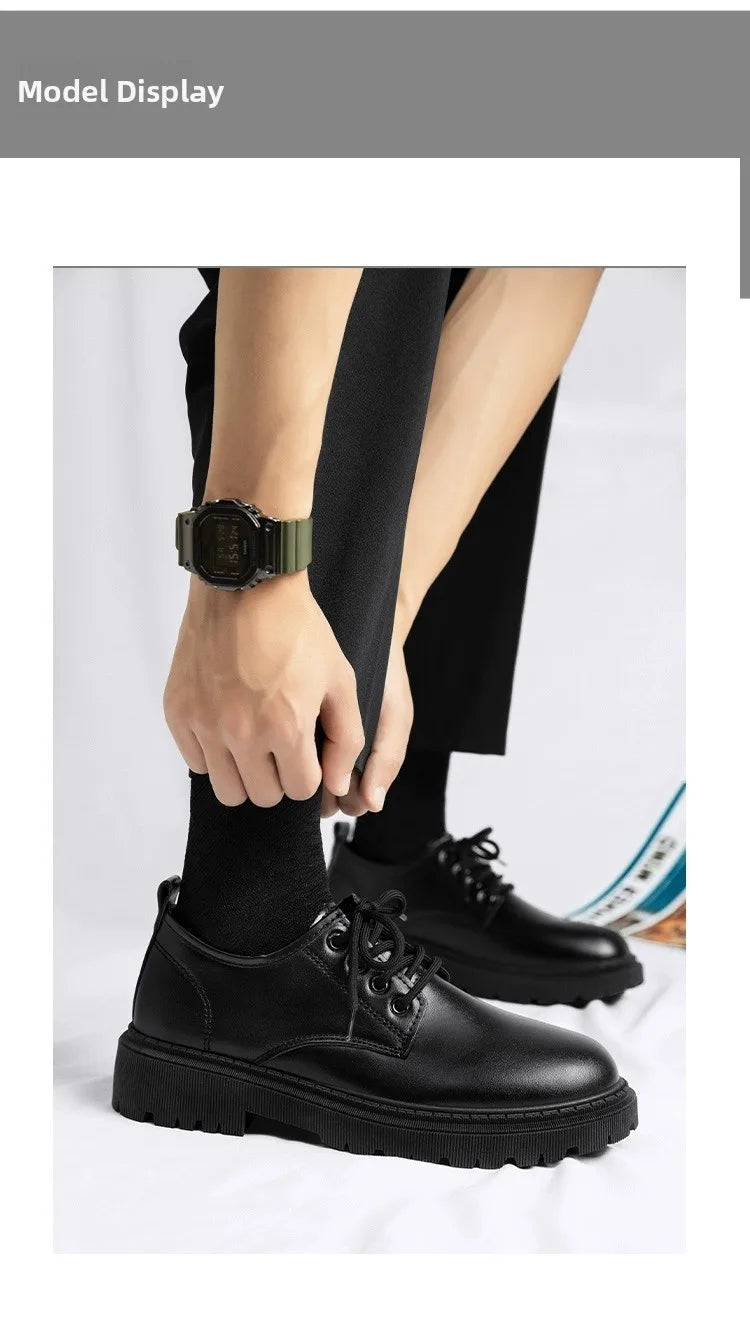 Men's Casual Leather Shoes Thick Bottom Leisure Trendy British Style Winter New Arrival Breathable round Toe Low Heel