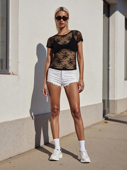 Women s Sexy Lace Crop Tops Short Sleeve Round Neck Sheer Mesh  Fit T-Shirts for Clubwear and Summer Parties