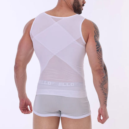 Men's Cross Mesh Vest Compression Shirts Breathable Sleeveless Tank Top Shapewear Fajas Slimming Tummy Control Body Shaper