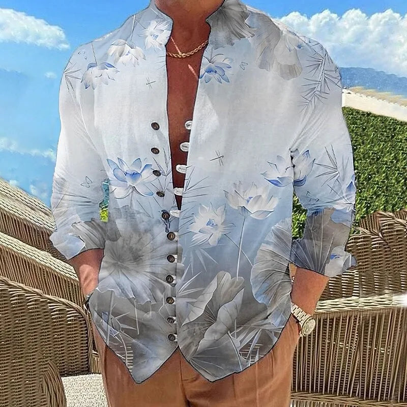 New men's flower pattern 3D printed shirt, high-quality and fashionable casual long sleeved shirt, lapel top
