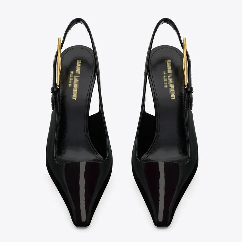 Elegant Fashionable Black Pointed Toe Thin Heel Single Shoes Patent Leather Buckle High Heels Stylish Luxurious