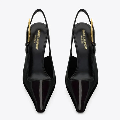 Elegant Fashionable Black Pointed Toe Thin Heel Single Shoes Patent Leather Buckle High Heels Stylish Luxurious