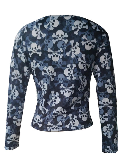 Women s Vintage Gothic Skull Print Long Sleeve Round Neck  Fit T-Shirts Streetwear Blouses with a Dark Twist