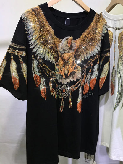 Plus Size Graphic Tees for Women Eagle Rhinestone Printed Tops Loose Fit T Shirts Short Sleeve Oversized Streetwear