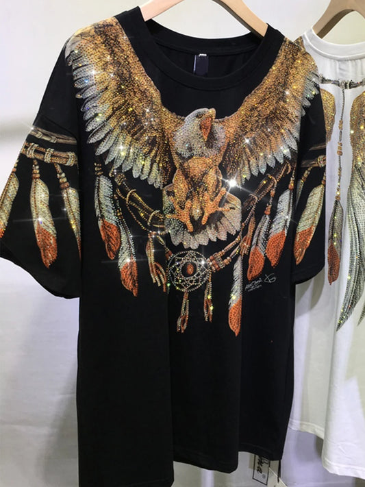 Plus Size Graphic Tees for Women Eagle Rhinestone Printed Tops Loose Fit T Shirts Short Sleeve Oversized Streetwear