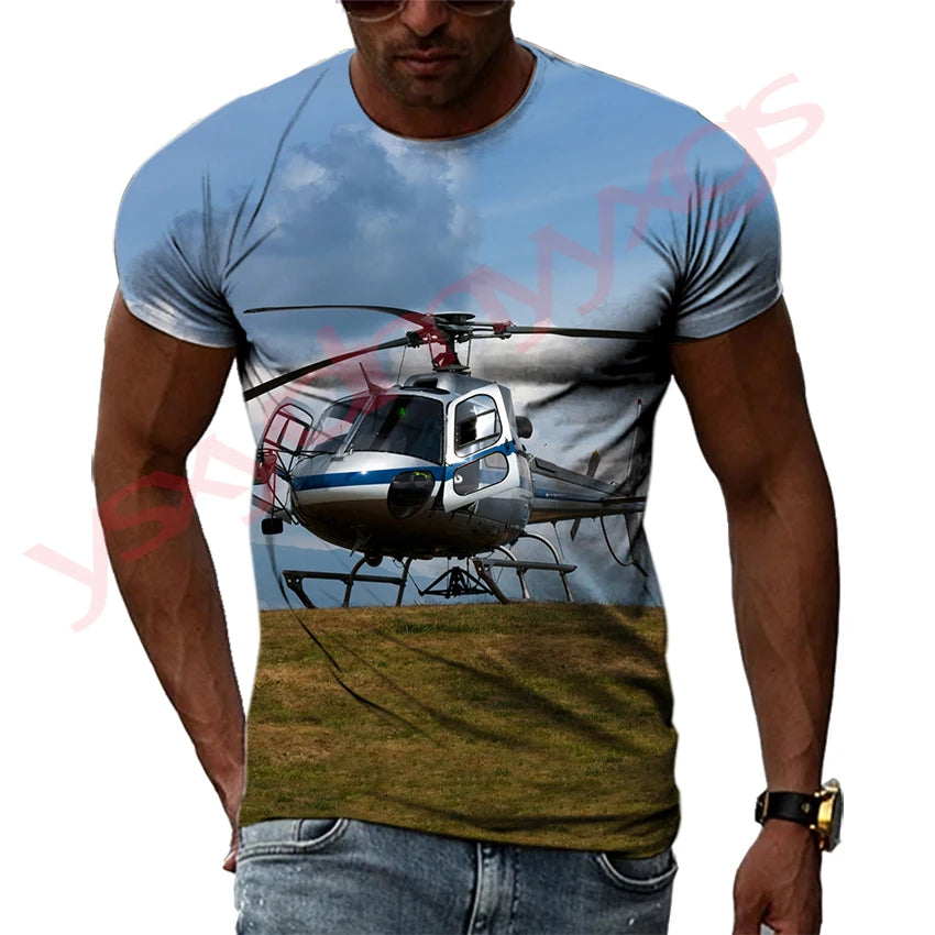 Summer Helicopter Pattern  Men's T-shirt Hip Hop 3D Print Personality   Neck Short Sleeve  Fashion Clothes