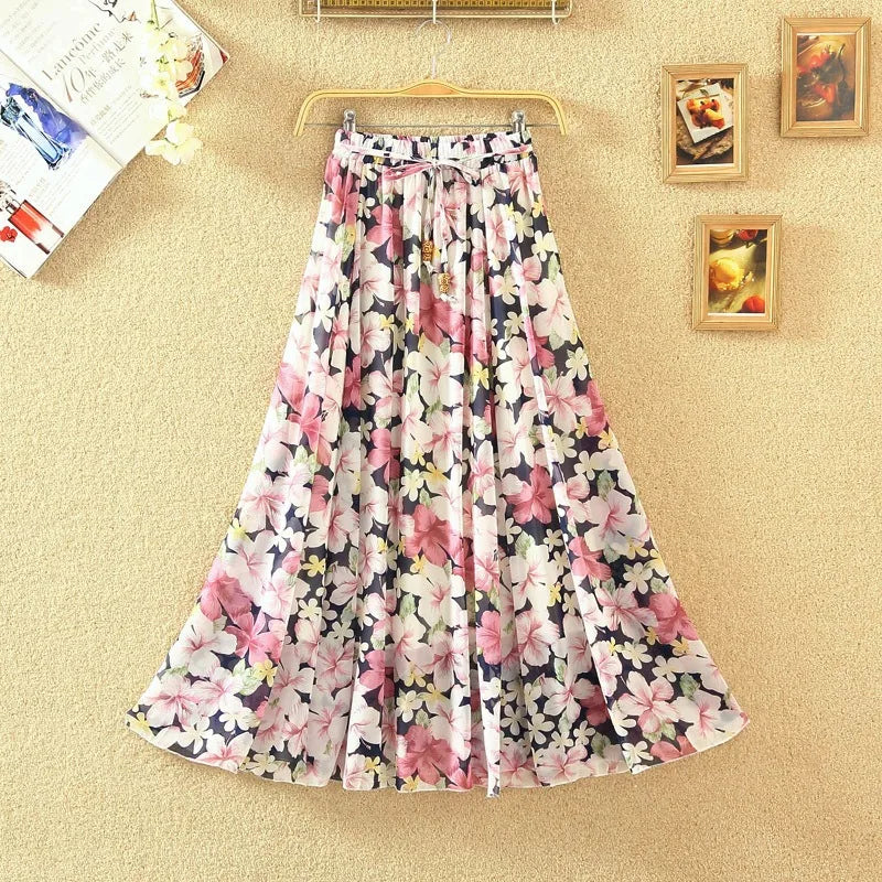 Elegant Chiffon Long Skirts For Women Autumn Casual Women's Floral Print Maxi Skirt Female High Waist Elastic A-Line Skirts