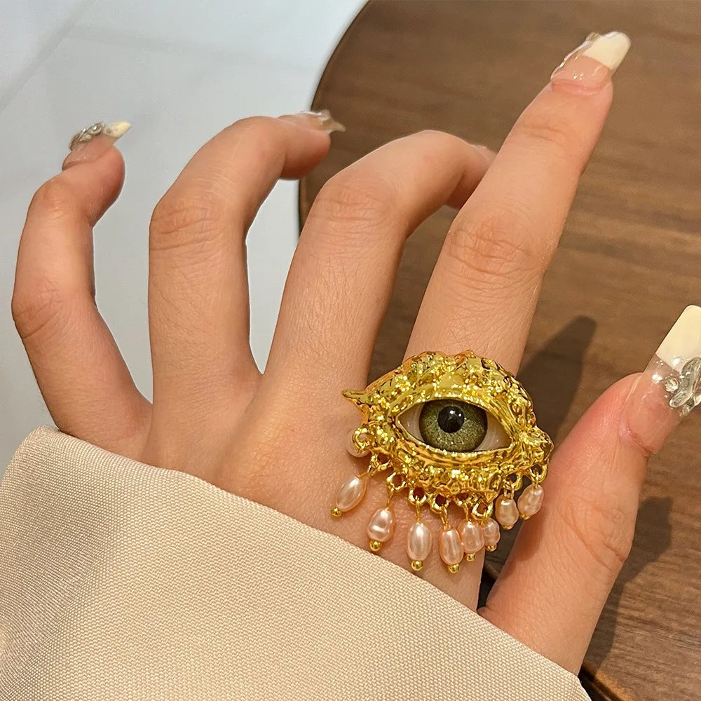Jewelry Vintage Devil's Eye Ring Delicate Imitated Pearl Glaze Ring Tassels Exaggerated Opening Finger Ring Party Favors