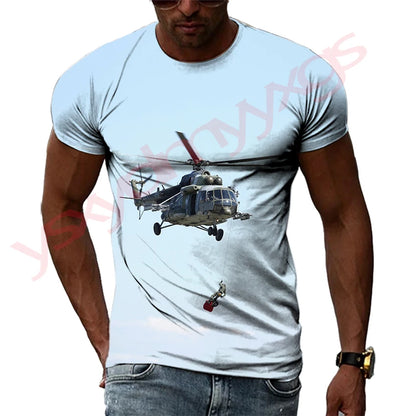 Summer Helicopter Pattern  Men's T-shirt Hip Hop 3D Print Personality   Neck Short Sleeve  Fashion Clothes
