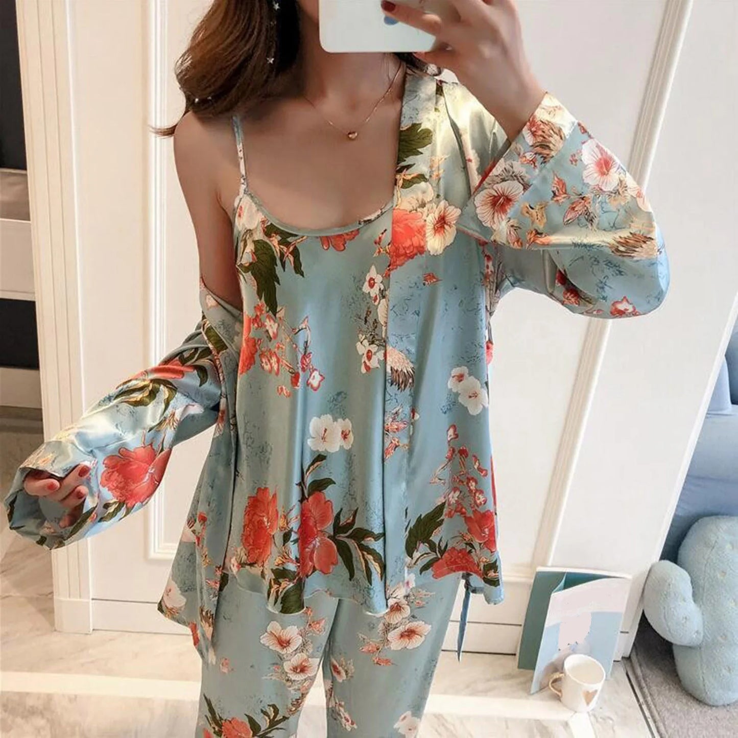 Women's Printed Pajamas Set Homewear Nightdress Trousers Belt Robe Three Piece Suits Sexy Sleepwear Loungewear Pj Sets Pyjama 