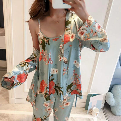 Women's Printed Pajamas Set Homewear Nightdress Trousers Belt Robe Three Piece Suits Sexy Sleepwear Loungewear Pj Sets Pyjama 