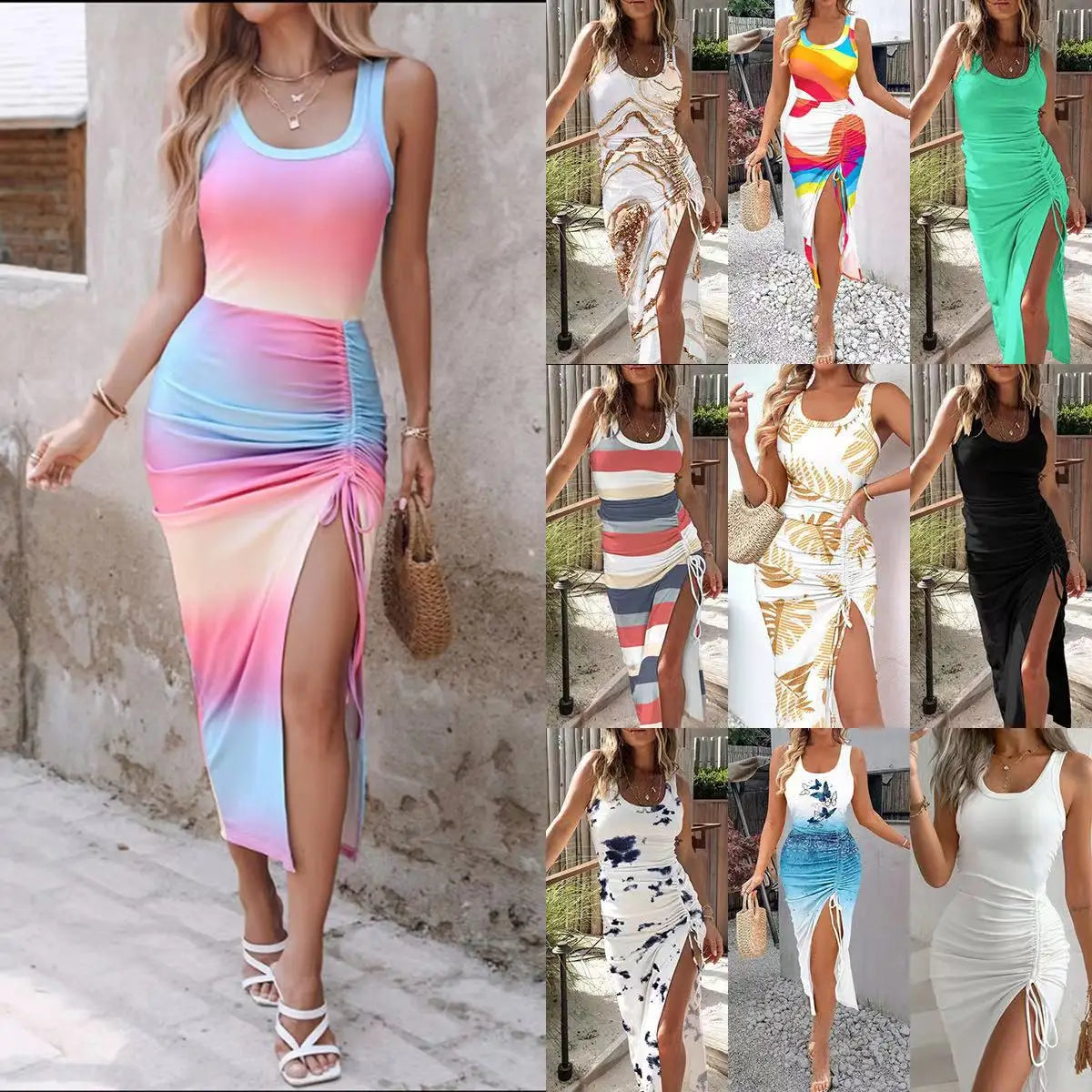 Fashion Summer Waist Closing Sexy Split Mid Length Tank Top Vestidos Elegant Ladies Gradient Stripe Sleeveless Round Neck Dress