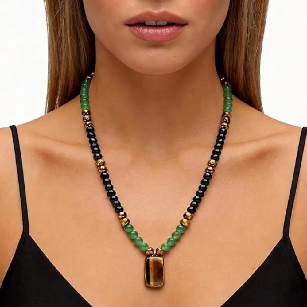 Tiger Eye Long Chain Necklace Bring Good Luck Green Aventurine Beaded Necklace Protection Beaded Long Chain Pendant Necklace