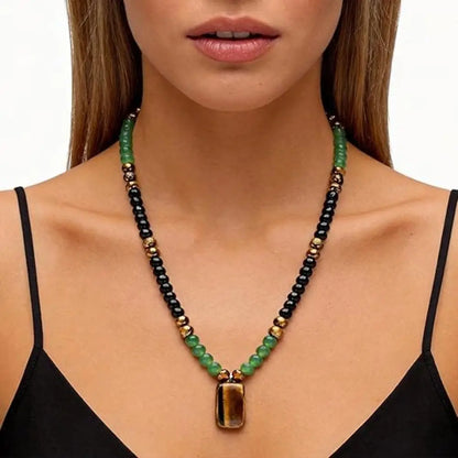 Tiger Eye Long Chain Necklace Bring Good Luck Green Aventurine Beaded Necklace Protection Beaded Long Chain Pendant Necklace