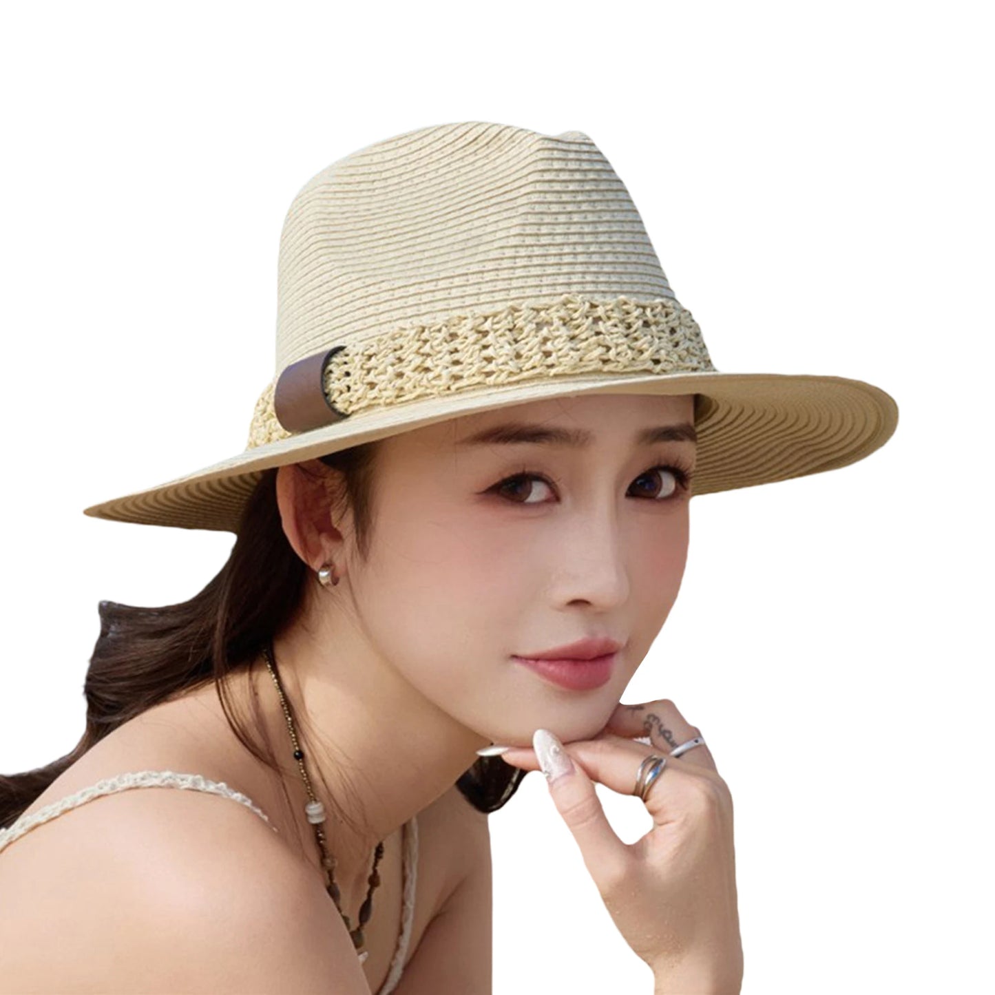 Women Wide Brim Sun Hat with Bowknot Ribbon Summer Beach Straw Hat Foldable Floppy Fedora Hat for Vacation Travel Party Clothes