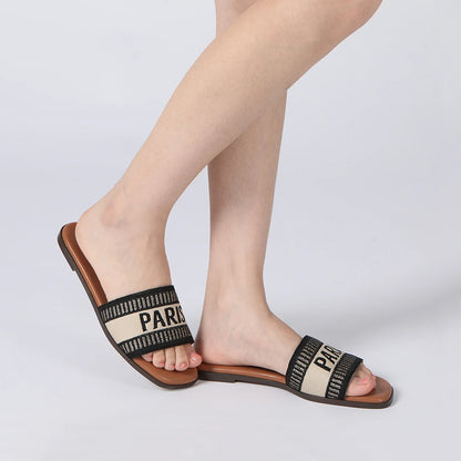 Summer Women Letter Flat Sandals Casual Comfortable Slip Slide 2024 Fashion Vintage Slippers Shoes Classic New