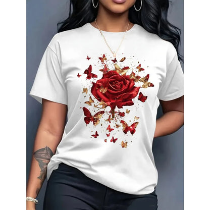 Women's Casual Short-sleeved Round Neck T-shirt - Bright Butterfly and Rose Pattern Print, Spring and Summer Women's T-shirt