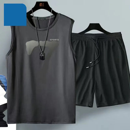 Summer men's clothing sleeveless basketball suit street casual sportwear 2 piece breathable short sleeve Tshirt + jogging shorts